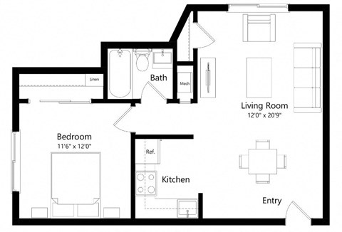 Floor plan for 1 bed, 1 bath, 615 sqft